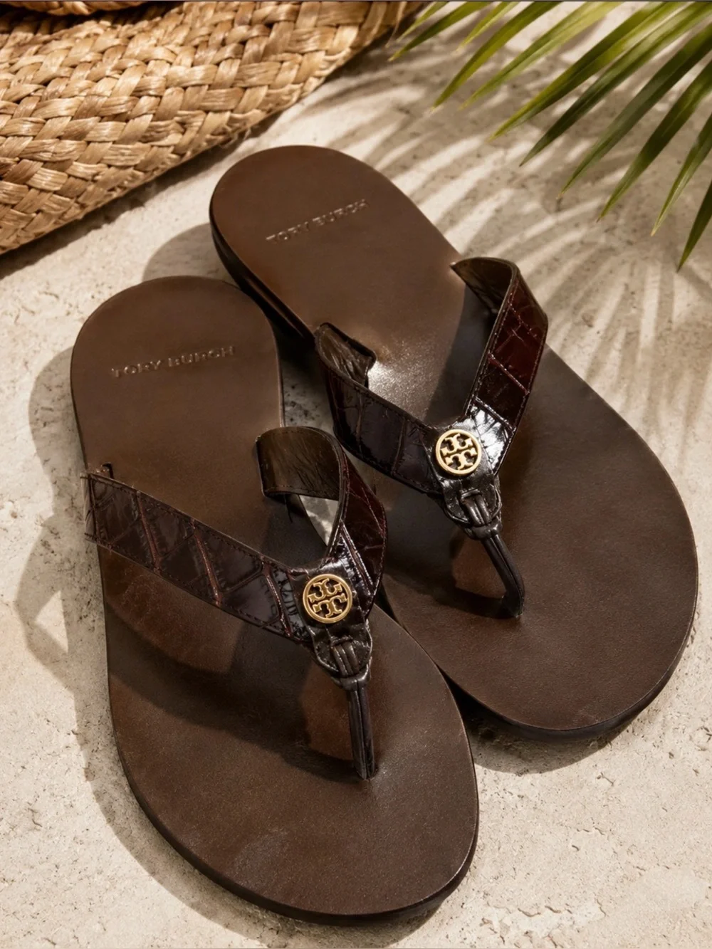 Tory Burch Manon Croc Embossed Leather Thong Sandals Brown Size 8